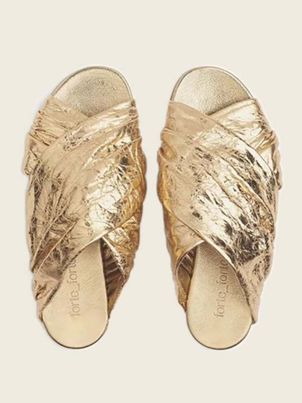 NWOT Forte Forte Flat Lam Calfskin Sandal in Crinkled Gold Leather